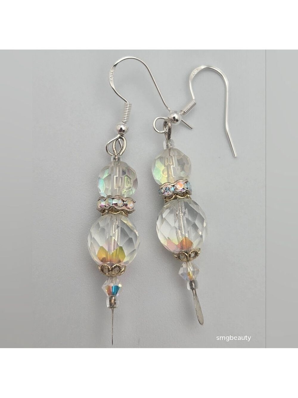 Handmade Sterling Silver AB Crystal Christmas Earrings 2” Swarovski Style